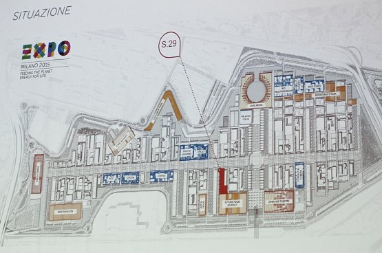 The plan of Expo 2015, with the highlighted position of the Spanish pavilion