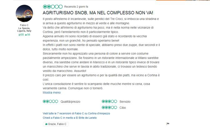 La recensione incriminata su Tripadvisor