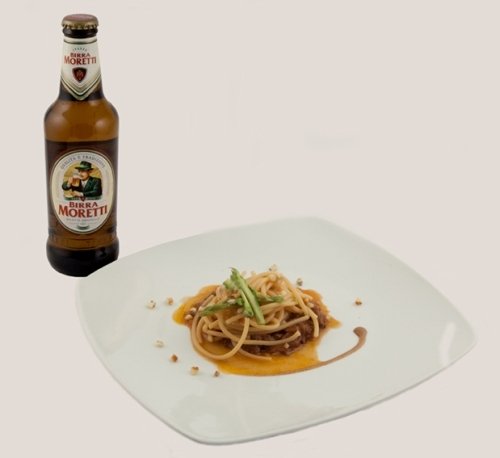 As ingredients, Caviola chose Birra Moretti La Rossa, Birra Moretti Grand Cru e Birra Moretti Baffo D'Oro. As a drinking match Birra Moretti