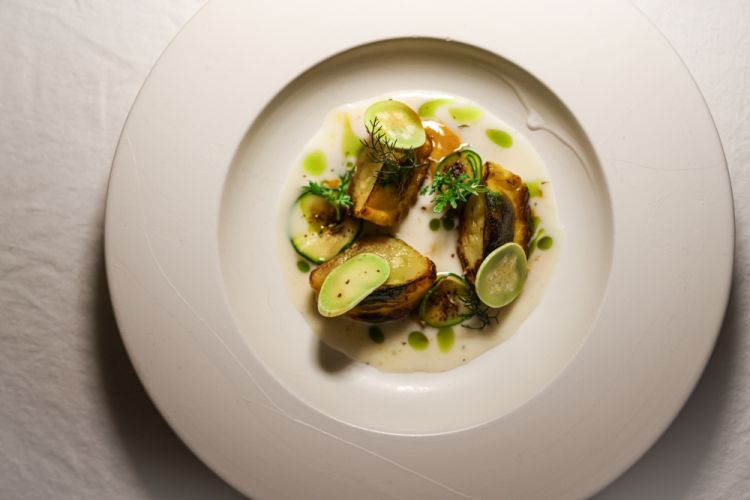 Zucchina, latte di lupini, pasta di albicocca, maggiorana
