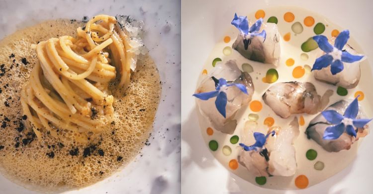 Capelli d'angelo, granseola e finger lime e Gambero Nostrano, limone fermentato, aneto e salsa americaine