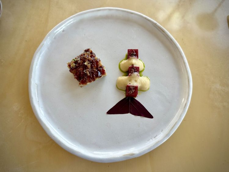 Sgombro cotto alla brace, gratinato, servito con salsa teriyaki di mela verde fatta in casa, rapa rossa leggermente piccante e spuma di scalogno