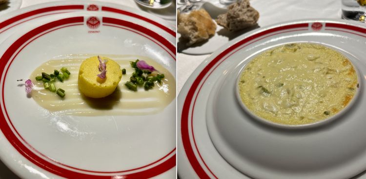 Welcome
The start of the spring menu was a double-sided dish: on the 'normal' side, on the left, an egg sponge accompanied by cream of white and wild asparagus and nettle flowers, emblems of Vipava vegetables. When you have finished tasting, you turn the plate over and find a cream of dairy cheese with green asparagus from the garden. Double delight.
Trivia fact: the plate used dates back to 1974, when the Yugoslav regime required a red line for cheese or meat dishes and a blue line for fish and vegetables