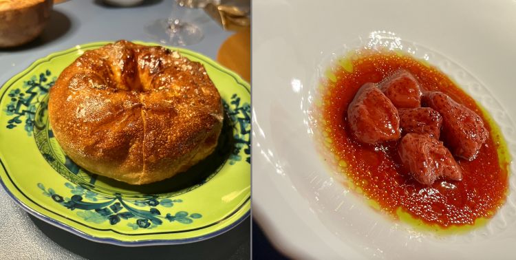 A sinistra, la buonissima focaccia d'apertura, tipo quella barese, cotta in un padellino con pomodorini conditi, caramellizzati in forno e incastrati nell'impasto. E' alta e soffice, «così tanto che in cucina la chiamiamo il gommone».
A destra, Fragole, basilico e cipolla, un piccolo capolavoro di freschezze di stagione: le fragole, cotte al vapore, cambiano consistenza diventando aeree. Il liquido che perdono è ulteriormente ridotto, raffreddato e condito con sale, olio al basilico e olio alla cipolla. E' un'insalata di pomodoro alla maniera di Di Fabio. Nel menu attuale è servita alla fine