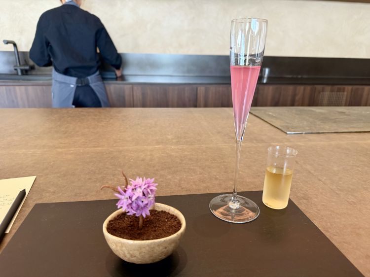 Nella lunga flûte, accanto al tè di benvenuto, c'è una soda realizzata con 3 tipi di shiso selvatico. L’assaggio è un bastoncino che contiene un micro-assaggio di alghe, ravanello disidratato e vaniglia