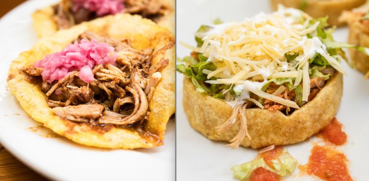 Manjar Blanco, salbutes con cochinita pibil e sopes con tacchino affumicato, con purè di fagioli, lattuga