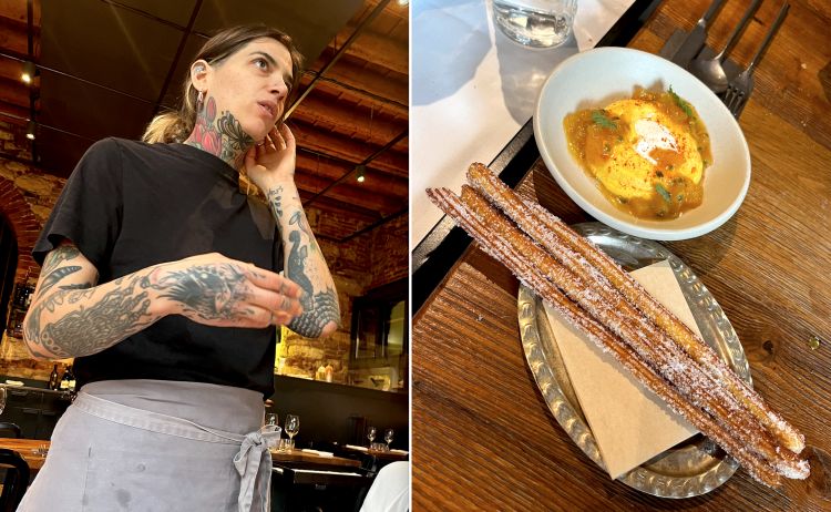 Chiara Pannozzo e i suoi sottilissimi churro solero al mezcal accanto a un cremoso al mango, marmellata di frutti esotici, menta e panna acida
