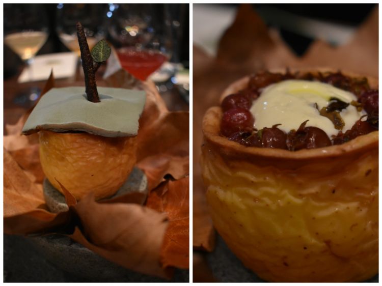 Il dolce che ci è piaciuto di più, servito su una bellissima coreografia di foglie secche - il paesaggio nel piatto. Si tratta in realtà di due dolci in uno: una tartina di mela trattata come un formaggio erborinato, con yogurt di kefir. È appoggiata su una mela arrosto che racchiude un gelato di latte di pecora dell’isola di Chiloè, murtilla (una delle centinaia di bacche endemiche cilene proveniente dal sud del paese) e rabarbaro