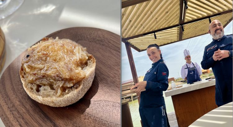 Granchio blu e zurrapa (lardo di pesce)
Il granchio blu non infesta solo le coste italiane o mediterranee ma anche lo stretto di Gibilterra. E' un crostaceo difficile da pulire ma molto buono e versatile, come in questo boccone. Le casacche dei camerieri richiamano scherzosamente i galloni militari ma il personale è molto affabile, competente e easy (nella foto, Ana Fernandez e Jorge Ponce Granado, direttore di sala)