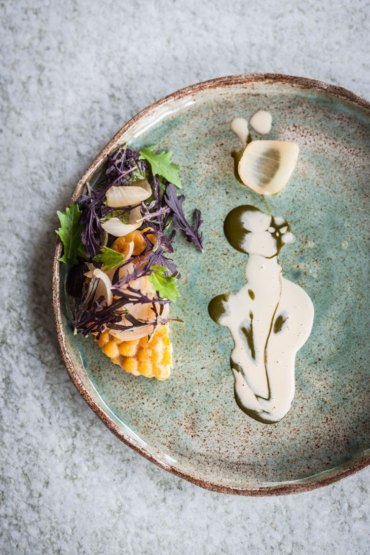 Tempeh di ceci, lievito disattivato e arrosto, cipolla, mizuna, lattuga brasata e alloro. Una "carne-non-carne" molto appagante (provare anche l'Hamburger di tempeh dei ragazzi). Da quest'anno Venissa ha bandito dal menu degustazione la carne (bianca, rossa e selvaggina). «Tengo a precisare», spiega Chiara, «che non siamo vegani. La proteina animale serve, ma va ripensata, assunta con parsimonia. Del resto, se esistono gli allevamenti intensivi è perché c’è una precisa domanda del mercato»
