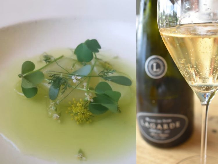 Osmosi di mela verde e verbena odorosa, sciroppo di burro (Aoysia polystachya si tratta di una pianta medicinale e aromatica, conosciuta in Italia come menta argentina), germogli dell’orto come oxalys, sedano, melissa