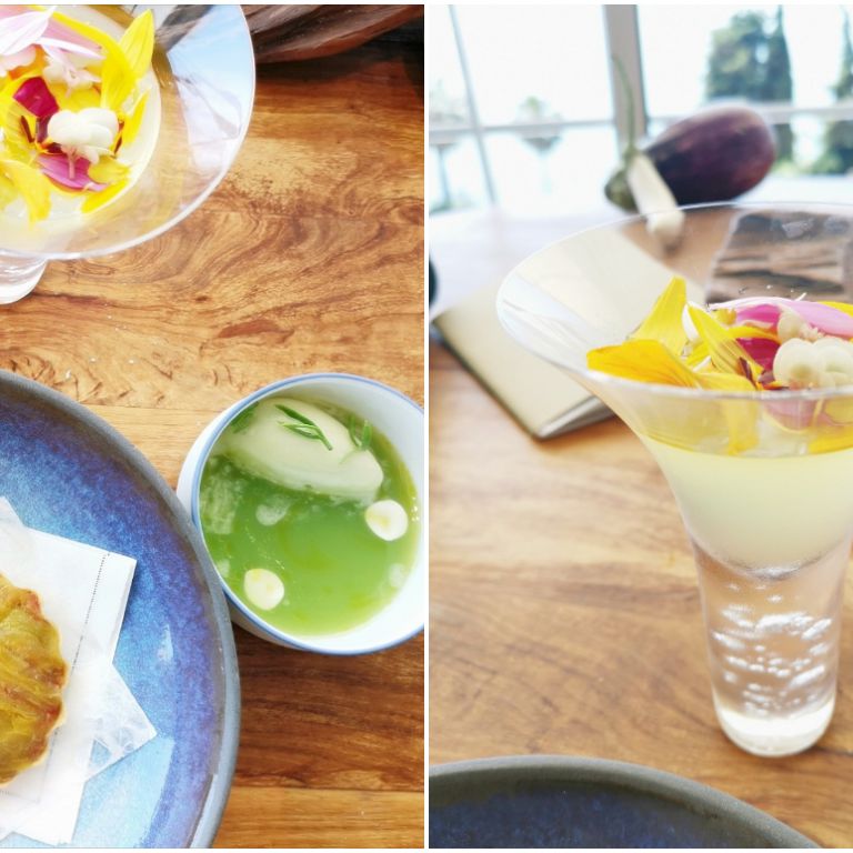 Trilogy. Tomato tarte, anchovies, capers and flowers of wild fennel; Gelatine of yellow tomato, saffron and flowers; Green tomato gazpacho and cucumber with green tomato sorbet and sea fennel 
