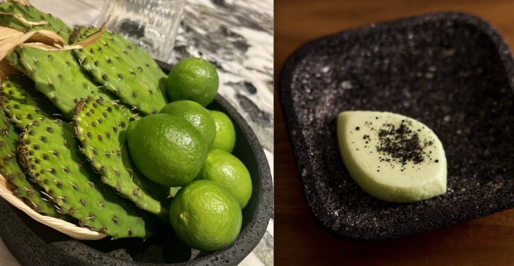 Intermezzo rinfrescante: sorbetto di nopal, la pala del fico d'India, ingrediente a lungo snobbato, anzi, sdileggiato (nopal è utilizzato anche come sinonimo di "stupido")
