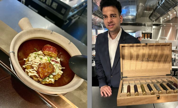A sinistrta, l'Astice cotto al barbecue in foglia di banano pentola di riso con spezie ed emulsioni. A destra la selezione di coltelli per affrontare le portate di carne