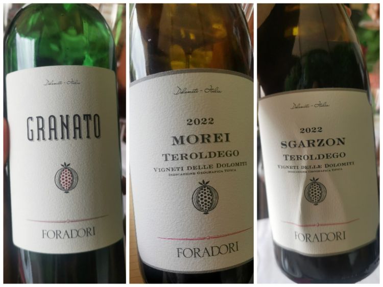 Tre delle cinque declinazioni che Foradori dà del Teroldego. Mancano i due vini Foradori e Lezèr