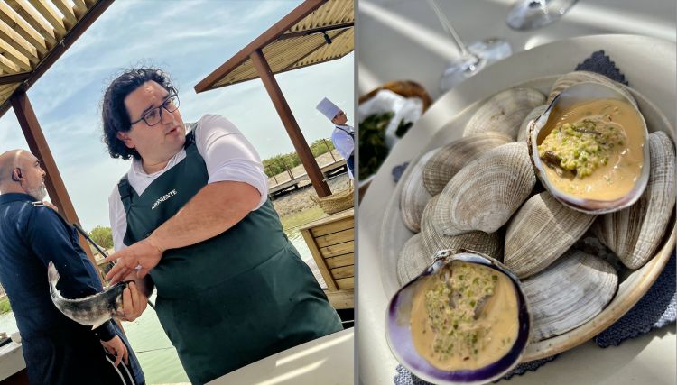 Fran Vallejo mostra la lubina (branzino) di palude appena pescata e intanto arrivano delle Vongole alla marinara