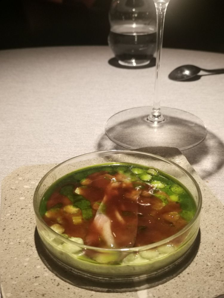 Chawanmushi of peas, asparagus, wasabi, jowl bacon