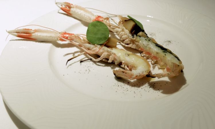 Scampo al barbecue, cardoncelli, maionese di erba macchia, foglie di acetosella, burro affumicato, salsa di corallo di scampi