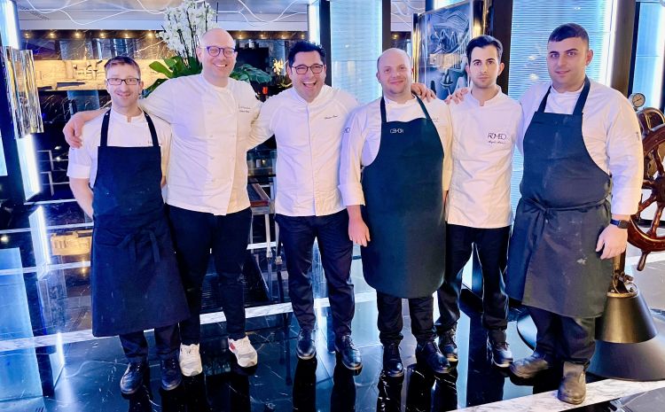 The kitchen brigade. Left to right, Giuseppe Voto, Roberto Boemio, Salvatore Bianco, Raffaele Langella, Angelo Artucci, Giuseppe Scala. Not present, the head pastry chef Antonino Maresca
