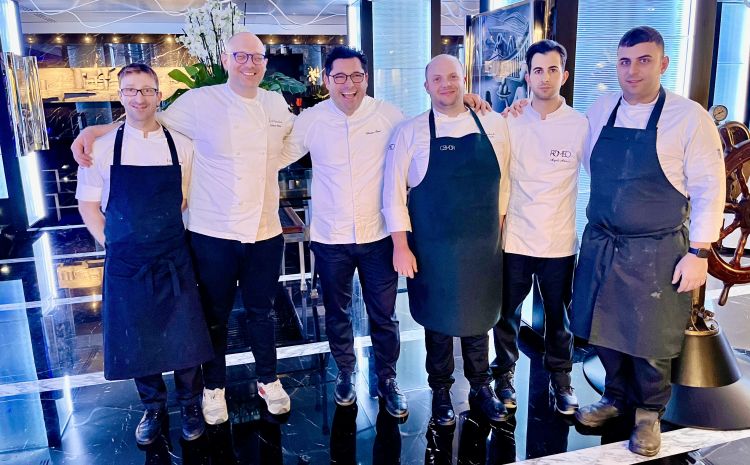 The kitchen brigade. Left to right, Giuseppe Voto, Roberto Boemio, Salvatore Bianco, Raffaele Langella, Angelo Artucci, Giuseppe Scala. Not present, the head pastry chef Antonino Maresca
