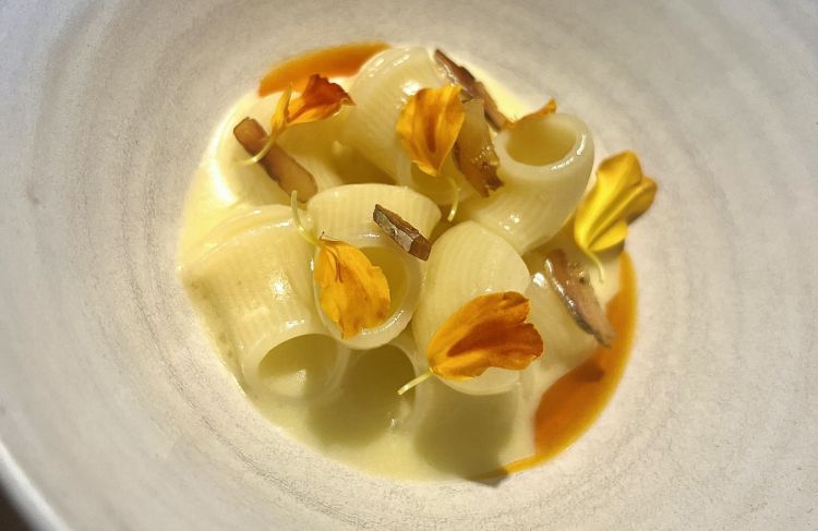 Lumachine, sieroinnesto, burro affumicato e agone
Lumachine Monograno Felicetti risottate nel siero-innesto (coltura naturale ricca di fermenti lattici che normalmente dà il via alla trasformazione del latte in formaggio), che conferisce una dominante e piacevolissima acidità. Nelle retrovie, c'è anche l'affumicato del burro e dell'agone pescato nel lago d'Iseo

