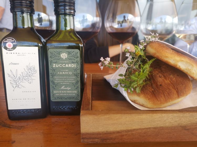 Gli eccezionali oli extra vergine d’oliva di Familia Zuccardi con la tradizionale tortita mendocina: solitamente preparata con 100% grasso bovino (e con farina di grano, acqua, sale, lievito), qui sostituito dal 50% con olio d’oliva della casa
