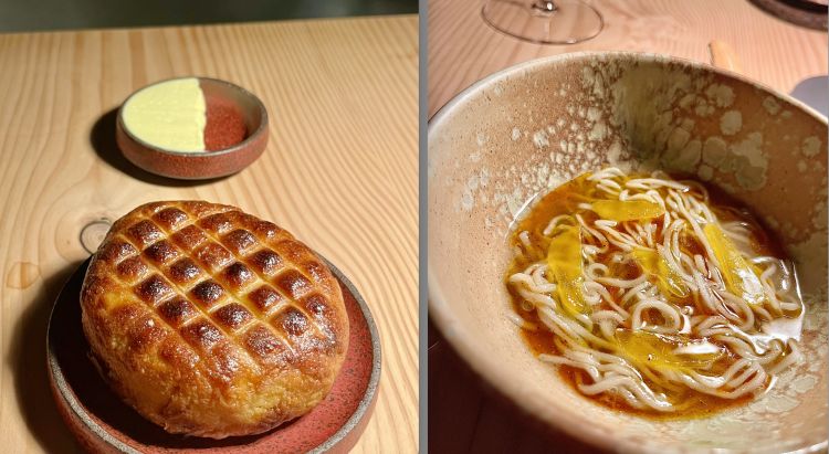 Esse: Pane di patate fermentato e burro della casa e Noodles di lische di pesce, rape, shiso rosso fermentato e tuorlo d'uovo marinato
