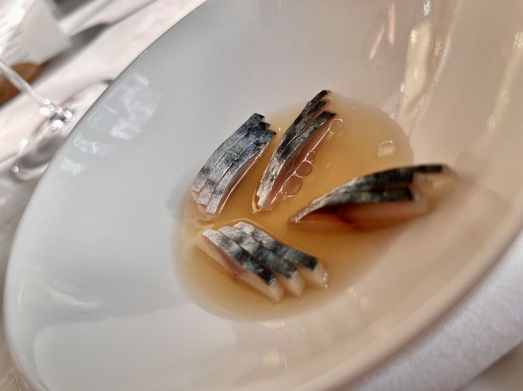 Lightly salted mackerel, smoked oil & vegetable juice
It’s the first tasting of phase two of the menu, the seven savoury servings 

