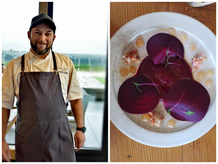 Emiliano Gasque è lo chef mendozino a capo della cucina di Piedra Infinita. A dx: Barbabietola stagionata, gel di mele, cenere di barbabietola, formaggio pepato, puré di remolacha, germogli
