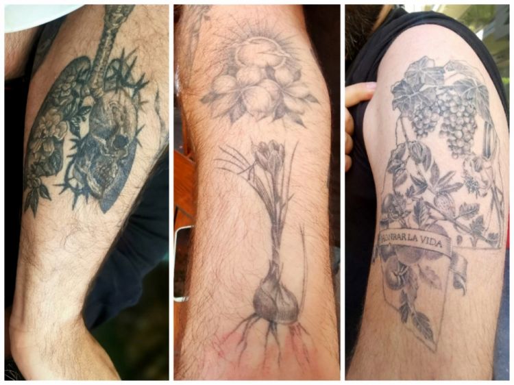 Le braccia di Sebastián raccontano la sua storia e quello che più conta per lui: i polmoni coperti di spine, a memoria del ricovero subito durante l’emergenza sanitaria; la pianta dello zafferano (azafràn in spagnolo), le sue due figlie Aurora e Violetta, i prodotti della regione di Mendoza: i protagonisti della sua cucina