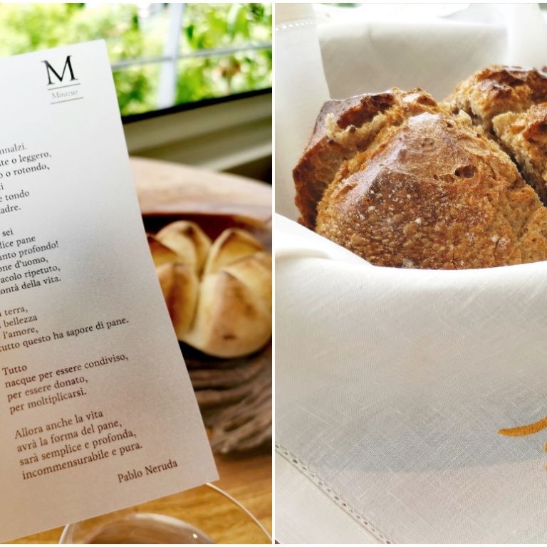 A sinistra il pane condiviso, servito con olio aromatizzato al limone e pepe rosa e un estratto dell'Ode al Pane di Pablo Neruda. A destra un pane 100% farina di segale con levain, lievito madre a coltura liquida ottenuto dalla fermentazione del succo della frutta. Entrambi preparati a Mitron Bakery, il panificio di Mauro Colagreco nel cuore di Menton
