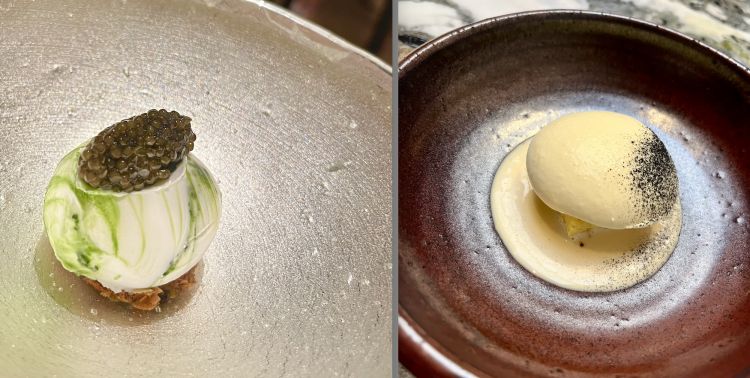 A sinistra, Sorbetto di cocco con plankton e caviale e Pan de elote (pan dolce al mais) con rompope de nixtamal (liquore fatto con la granella di mais riposata nella calce, base delle tortilla), vaniglia di Chichicaxtle e frutto della passione
