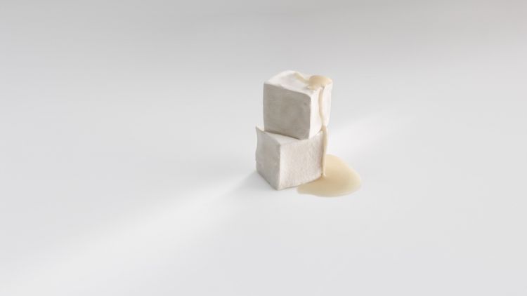 Azar, velvety geometry: Cube of mould (made by injecting penicillin, in the style of Roquefort), filled with liquid ham and cheese, in the style of a croqueta. Photo José Luis López de Zubiría
