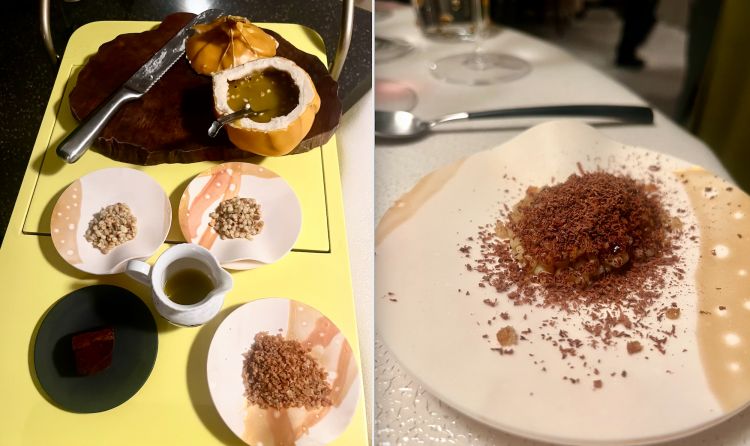 Caviale di pasta aglio, olio, peperoncino e cioccolato invecchiato
Un nuovo esperimento condotto sull'ormai nota pasta di caviale di Contraste, stagionata per 5 giorni in una caciotta di acqua e farina (cosparsa di cera d'api per respingere agenti contaminanti) e poi sferificata (allo scopo di nobilitarla come il caviale). Il condimento in questo caso è italianissimo: aglio, olio e peperoncino. A quest'ultimo, in America Latina lo sanno bene, possiamo serenamente associare del cioccolato. Aiuto