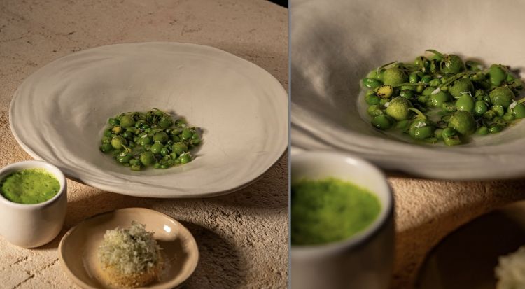 Ancora un triplo servizio, questa volta di Piselli: Gnocco di piselli e brodo di pecorino canestrato, Blinis soffiato ai legumi e pecorino, Baccelli e soda