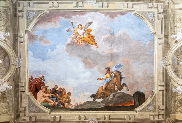 Palazzo Portinari Salviati, piano nobile (Maria dei Medici suite), affresco del soffitto con Marco Curzio che si getta nella voragine, 1783 - 84, Tommaso Gherardini e aiuti. Courtesy Palazzo Portinari Salviati
