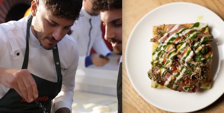 In parallelo alla finta bruschetta al pomodoro di Seu, nel preparty del giorno 2 c'erano i rettangoli di pizza in teglia Piccione e funghi di Alessandro Santilli, ex allievo di Oliver Glowig e oggi al timone di Frumentario, sulla Tuscolana a Roma, un topping composto da piccione scottato al burro e poi alla brace, una salsa di cavolo nero, e una di topinambur cotto sotto le ceneri, con scaglie di tartufo nero su una base integrale. Chi scrive ne ha mangiate 4 fette
