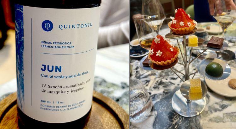 E il wine pairing? L'head sommelier Jesus Ixta prepara un viaggio tra cocktail, mocktail, bevande autoprodotte (il Jun della foto è tè verde, miele e zenzero), vini messicani in grande ascesa (Riesling del Queretaro, Sauvignon Blanc di Guanajuato, persino Paoloni, un Sangiovese trapiantato nella valle de Guadalupe, l'area più vocata del paese), sake, perle dalla Francia (Krug e un favoloso e ossidato Chateau Chalon 2008 di Philippe Butin). Magnifica la selezione dei Mezcal, divisi per regione.

A destra, i dolcetti messicani in dirittura: Patè del frutto della guayaba rosa, Tartelletta di panna cotta di mamey (frutto tropicale), Bon bon ripieno di miso di pataxte (cacao bianco, macambo) fermentato in casa, cioccolatini messicani 62%
