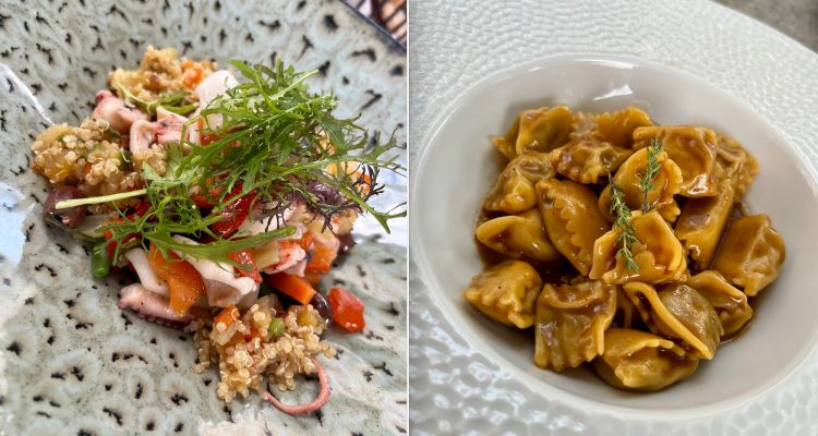 Il complesso del Boscareto conta anche sul Bistrot Sunsì, una rigorosa tavola panoramica di cucina tradizionale piemontese e langhetta, retta dallo chef Alessandro Capalbo. Nella foto, Insalata tiepida di mare con fagiolini, olive e pomodori confit e i Plin ai tre arrosti, col boost aromatico di un fondo bruno al Marsala