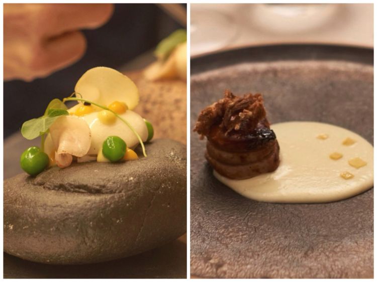 A sin: Roccia di crema d’aglio, emulsione di patata dolce, pisellini coi loro germogli, pickles di papines andinos. A dx: Filetto di maiale laccato con una riduzione di idromele, charqui (forma disidratare e conservare la carne tipica delle regioni andine) di anatra, crema di albedo (la parte interna, bianca e spugnosa, della buccia del frutto degli agrumi, in questo caso del limone) passato attraverso sette cotture per abbassarne l’amarezza, buccette confit di limone