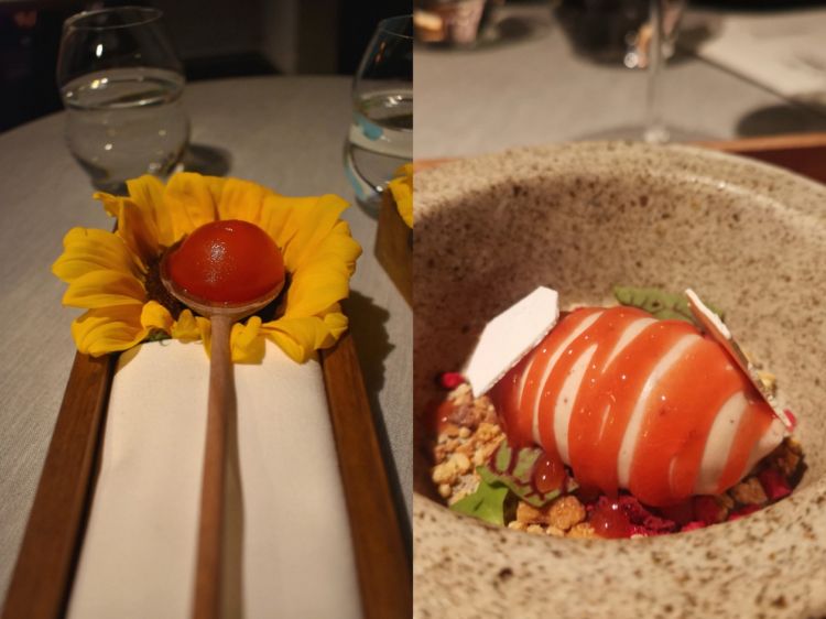 To refresh your mouth, on the left a grapefruit bonbon. On the right, the pre-dessert: white chocolate base, then freeze-dried raspberry and pink pepper sorbet
