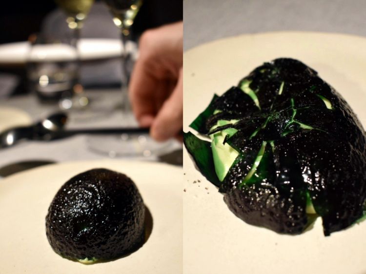 Chocopalta (white chocolate and avocado mousse - palta in Argentina - with mango sorbet, chocolate crumble and curry