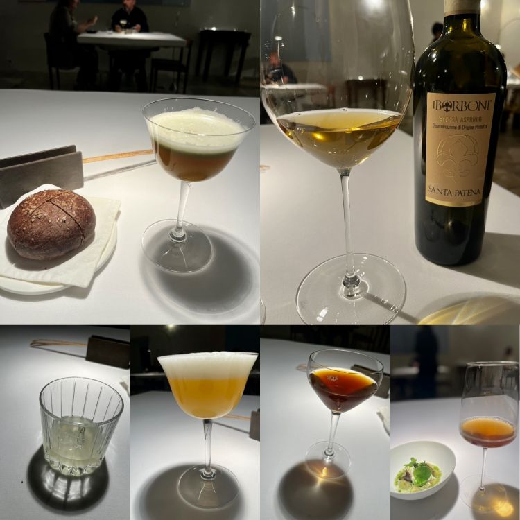 Molto interessante il pairing in accompagnamento al menu degustazione del sommelier pugliese Gianni Sinesi - altra figura al lavoro da Reale dalle origini: cocktail, mocktail, infusi, vini del territorio e non solo, studiati per amplificare la complessità dei gusti dei piatti (e non contrastarli o soverchiarli, come spesso accade)