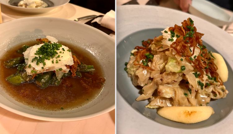 Two classics of Graubünden cuisine: the very popular Capuns, a mixture of eggs and flour in chard leaves, boiled in milk and broth, and Pizzoccheri with cabbage, bacon and crispy onions
