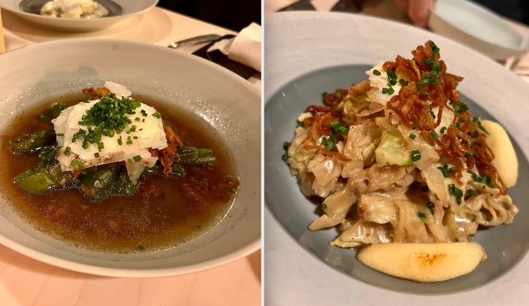 Two classics of Graubünden cuisine: the very popular Capuns, a mixture of eggs and flour in chard leaves, boiled in milk and broth, and Pizzoccheri with cabbage, bacon and crispy onions
