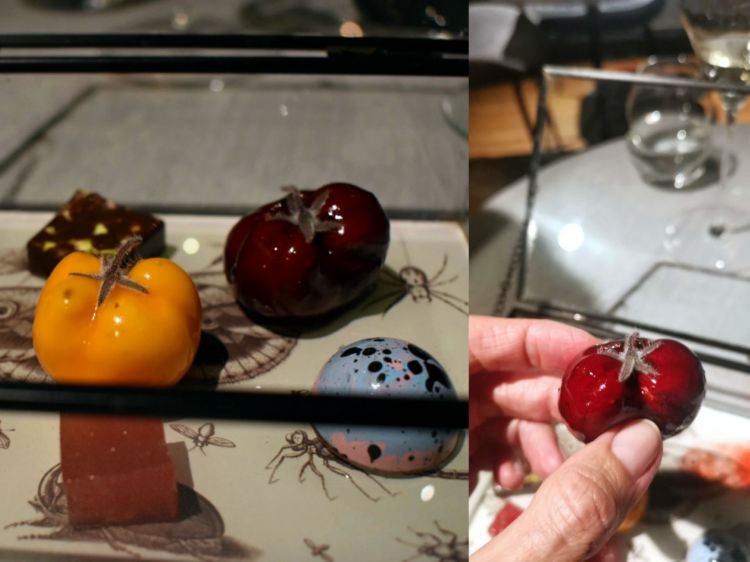 Petits fours, uno scrigno di gemme: Pomodoro e nocciola, Pâte de fruit di anguria, Bonbon di vaniglia, cioccolato e pistacchio
