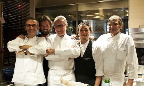 Da sinistra, Massimo Bottura, Carlo Cracco, Alain 