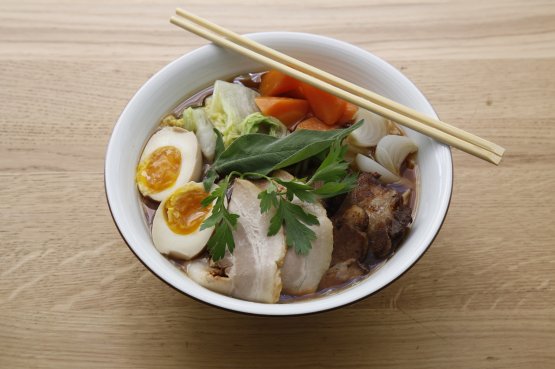 Ramen with pork and marinated egg, cabbage and glazed carrots at Zazà Ramen in Milan
