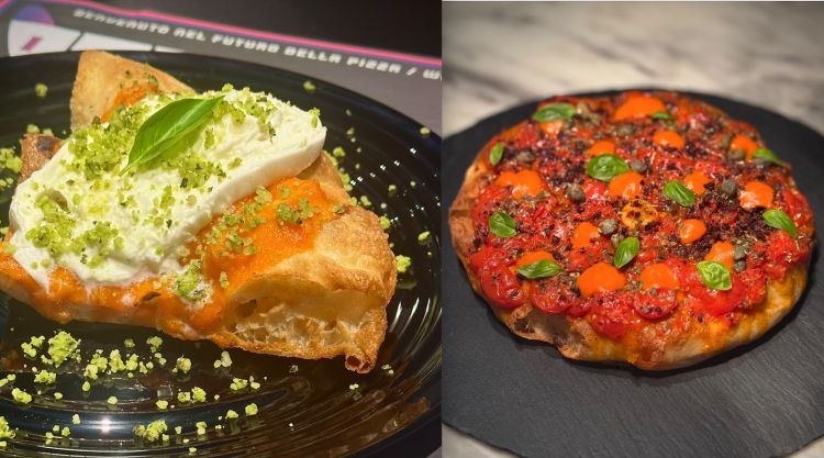 Italy, ossia pomodoro arancione datlo - in salsa e intero - con mozzarella di bufala a crudo e parmigiano reggiano al basilico, e Padellino ai tre pomodori, impasto ai multicereali (semi, lino e girasole) e una percentuale di segale, con base succo di san marzano, pomodoro crovarese saltato in padella, riduzione di datterino, origano del Monte Saro, capperi, polvere di olive ammaccate del Cilento, salsa aioli