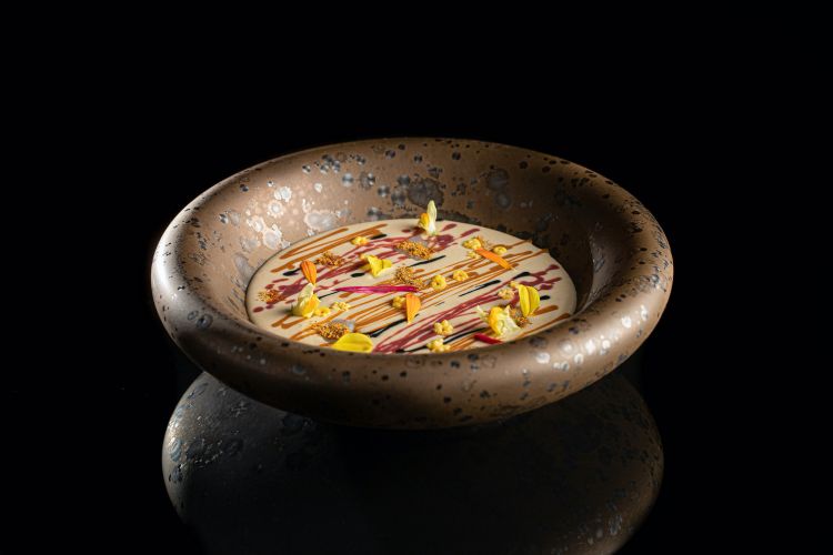 Terra e Iodio: ormai un maifesto delle Sapidità Essenziali di Apreda, consiste in una crema di patate condita con alici e mandorle e servita con tre salse (ricci di mare, ostriche e barbabietola e nero di seppia), a cui si aggiunge un crumble di pastina di mais soffiata al Curcumax (un blend di 10 spezie autoprodotto, con origano, peperoncino, curcuma e una parte agrumata) e del topinambur scottato. Al di sopram una polvere di buccia di patate. Imperdibile (foto Omnigraf Italia)